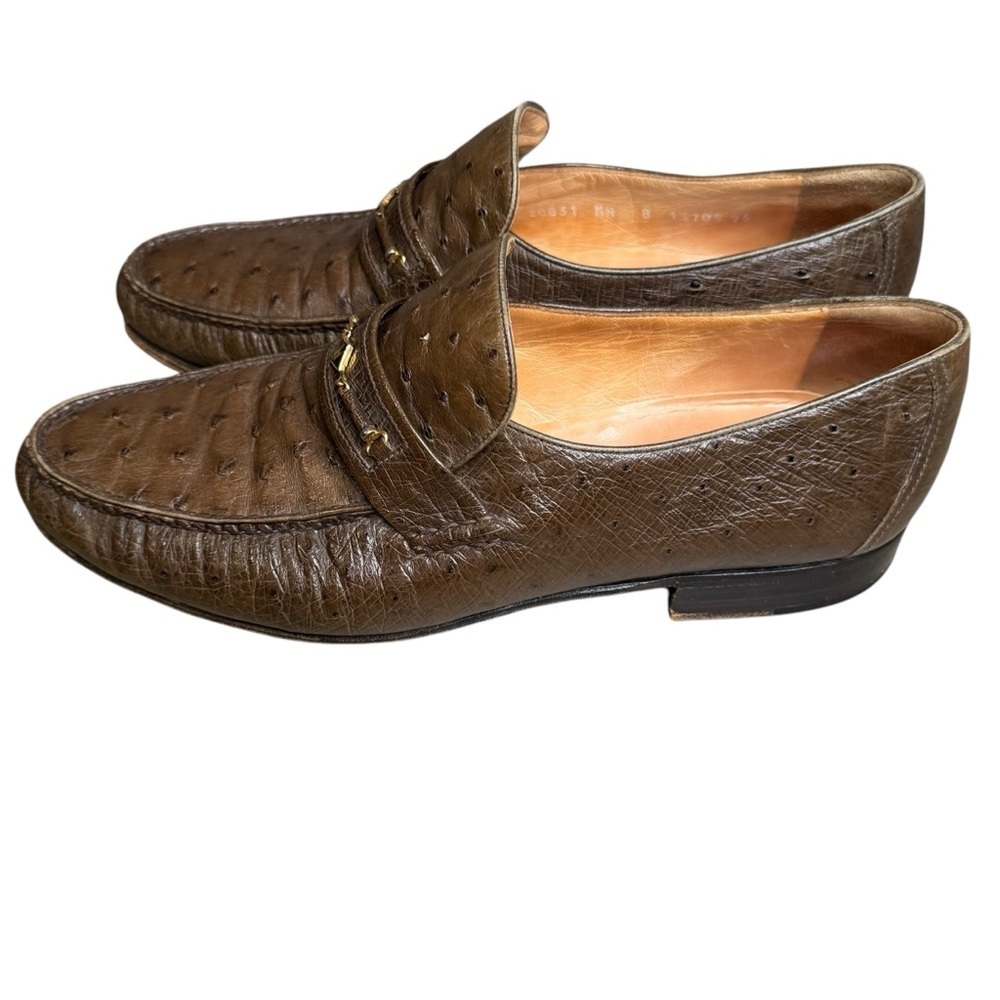 Moreschi Made In Italy Men's 8 Ostrich Skin Leather Loafer Shoes Brown